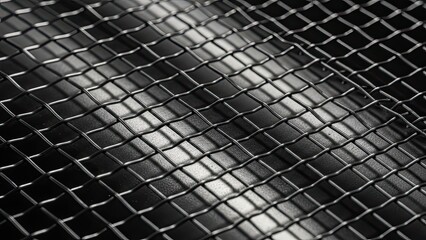 Close up view of dark metallic woven wire mesh screen texture with dramatic lighting creating strong geometric shadow patterns on a black background