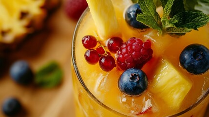 Refreshing Tropical Fruit Smoothie with Berries and Pineapple Delight