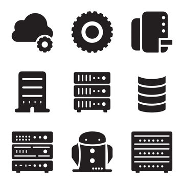  Collection of technology icons representing cloud computing servers and data storage silhouette