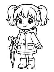 Monochrome Child with Umbrella: A charming, outlined illustration portrays a young child, joyfully holding an umbrella, ready to embrace a rainy day's adventure. 