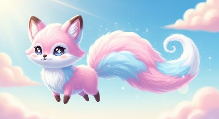 Obraz premium Adorable fantasy fox cub with pink and blue markings soars through a bright blue sky filled with pastel clouds