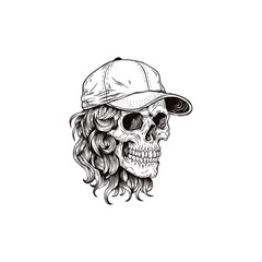 Vector illustration of a rocker style skull with baseball cap and hair on one side hand drawn.