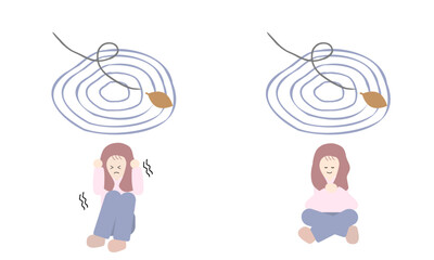 静寂を恐れる女性と静寂の中で心が落ち着く女性のイラスト