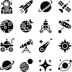 Space Exploration Icons in Black Silhouette on White Background