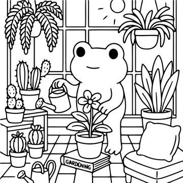Frog Watering Flower in Greenhouse: An adorable frog tends to a blossoming flower, amidst a flourishing array of potted plants in a cozy greenhouse.