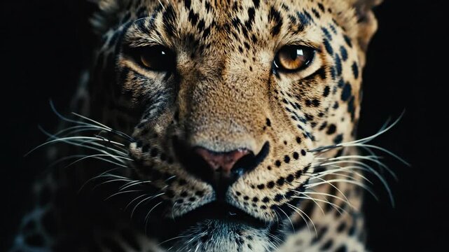Close-Up Portrait of a Leopard with Brown and Black Spots against a Dark Background Emphasizing Facial Features
