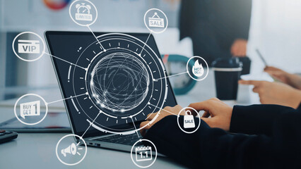 Obraz premium Sale and promotion icons with hot deal, discount tag, shopping bag, limited offer, coupon, VIP card, buy one get one, online shopping, and special event sale. Gist