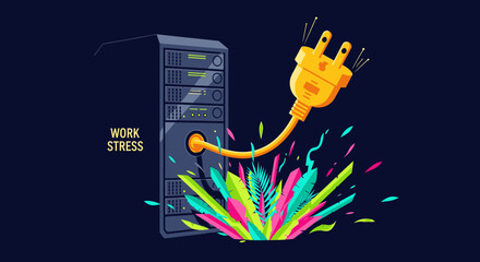 A bold illustration shows a power plug pulled from a server, representing the vital need to disconnect from overwhelming work stress and digital burnout.