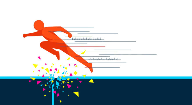 A dynamic orange stick figure runner accelerates rapidly, shattering a colorful barrier on a dark surface, symbolizing breakthrough, progress, and speed.