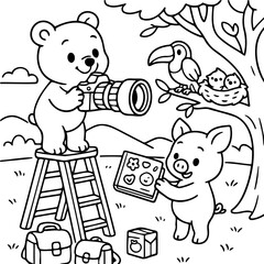 Fototapeta premium Picture Perfect Pals: Adorable bear photographer and pig with a book of illustrations in a delightful outdoor scene, filled with cute details. 