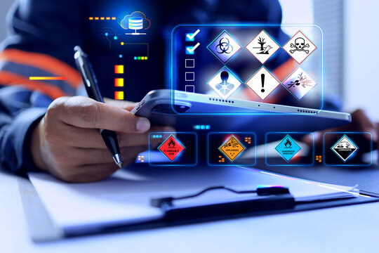 MSDS Material safety data sheet concept with engineer working dangerous substance and using tablet to download digital file information from cloud to manage system and prepare on working site