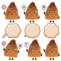 ○×△の札を持った筍のキャラクター／Cute Bamboo Shoots Character Illustration Holding O, X, and Triangle Signs