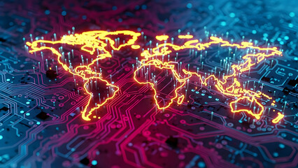 Futuristic glowing world map on blue and purple circuit board background representing global digital connectivity