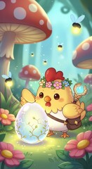 Fototapeta premium Adorable baby fowl character guards a glowing mystical egg in a vibrant woodland setting