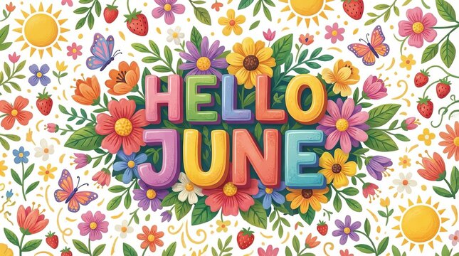 Words ‘Hello June’ surrounded by vibrant flowers, butterflies, and lush green leaves, forming a cheerful floral decoration set - Powered by Adobe