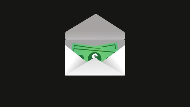 Tax Refund Money Animation, Cash Flowing from Envelope to Wallet, Financial Income Concept