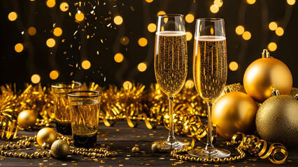 Two glasses of champagne with gold confetti and ornaments on a dark background with bokeh effect