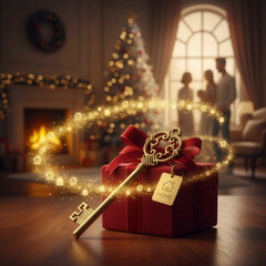 christmas golden house key on a present box in a cozy room with a couple in the background
