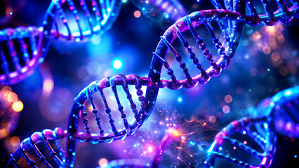 Genetic engineering concept featuring glowing dna strands in a blue and purple science background