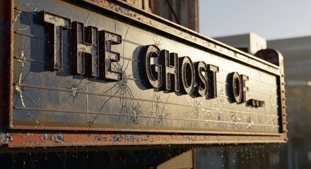 A vintage theater marquee displaying a ghostly title with rusted metal and cracked glass detailing