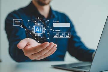 AI agent and generative artificial intelligence concept. Intelligent assistant with command prompt interface. Robotic processes automation and data analysis.