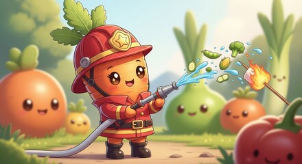 Fototapeta premium Adorable animated root vegetable character dressed as a rescuer diligently extinguishing a roasting sweet treat outdoors