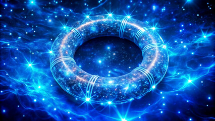 A glowing blue torus structure represents a futuristic concept in a vibrant digital space