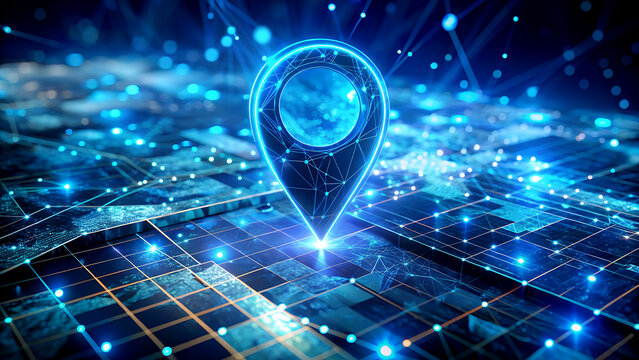 Futuristic digital map with a glowing blue location marker for navigation and technology concepts - Powered by Adobe