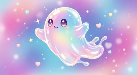 Adorable cartoon spectral figure featuring iridescent colors floats across a soft pastel backdrop