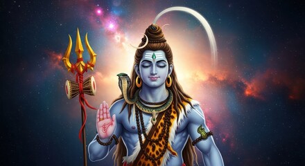 Mystic depiction of Shiva amidst cosmic energies and spiritual serenity on canvas