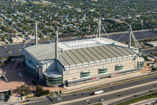 San Antonio, Texas, USA - December 2, 2025:  Exterior aerial view of the San Antonio Alamodome, a multi-purpose stadium.
