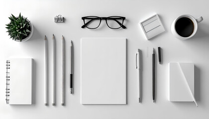 Flat lay of minimalist office stationery isolated on white. Includes notebooks, pencils, silver pen, black glasses, and a coffee cup in a clean professional arrangement.