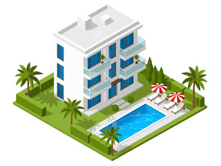 A modern white apartment building stands amidst lush palm trees and green hedges, featuring glass balconies and a sparkling blue swimming pool with striped umbrellas for a luxurious tropical lifestyle