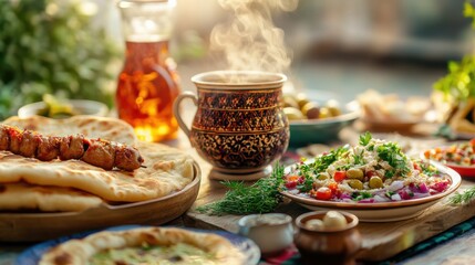 traditional Ramadan Iftar meal with steaming hot tea, naan, kebabs, hummus, and olives, set on a wooden table with decorative Islamic motifs, blur background