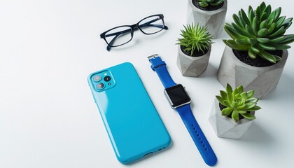 Tech Essentials and Green Companions: A modern composition featuring a vibrant smartphone, a sleek smartwatch, stylish glasses, and refreshing succulent plants.