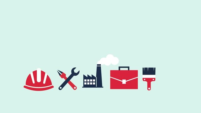 Animated Happy Labour Day Illustration with Worker Tools and Industry Icons
