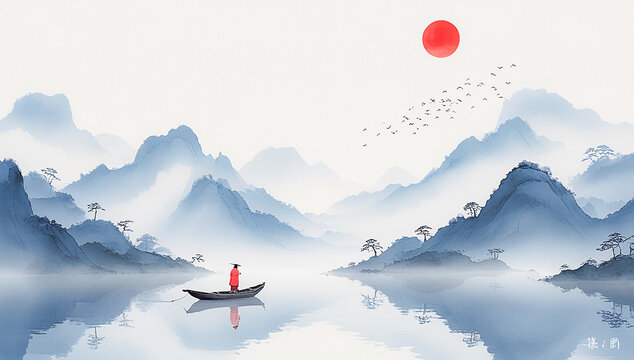 Minimalist Asian Ink Landscape with Misty Mountains, Lone Fisherman on Calm Lake, and Red Sun in a Serene Watercolor Scene