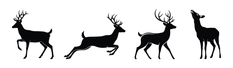 Set of four elegant deer silhouettes showcasing various movements and expressions