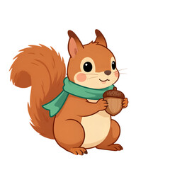 Fototapeta premium Cute Squirrel Wearing Scarf Holding Acorn