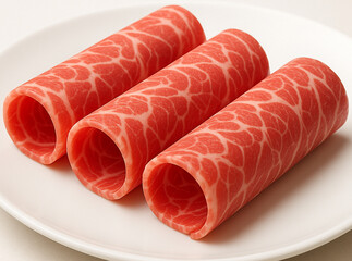 Thinly Sliced Raw Beef Rolls on White Plate