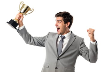 Excited Businessman Holding a Golden Trophy