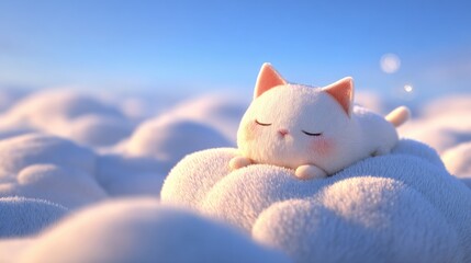 Adorable cartoon cat sleeping on fluffy clouds under blue sky