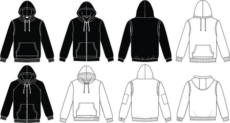 Set of black and white hoodie flat sketches for apparel design