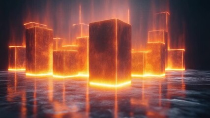 Glowing geometric structures in a dark, fiery setting