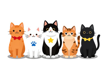Fototapeta premium Five cartoon cats sitting together in a row