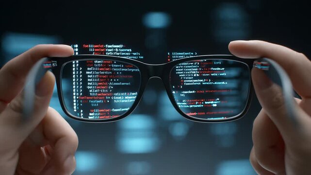Close-up on eyeglasses reflecting lines of glowing red computer code, symbolizing programming, technology, and digital information