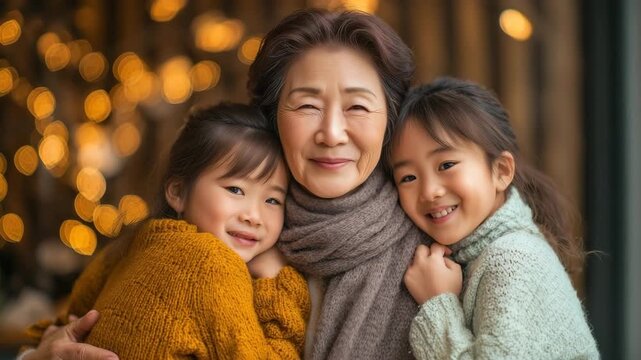女性が柔らかな室内で、二人の孫を抱き寄せながら笑う温かなシーン