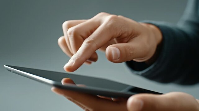 Close-up of hands holding and interacting with a tablet computer, showcasing digital engagement and touchscreen technology