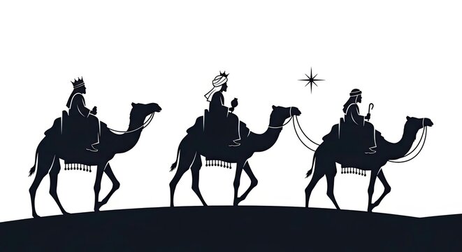Kings silhouette rides camels, silhouette follows star, dark silhouette art