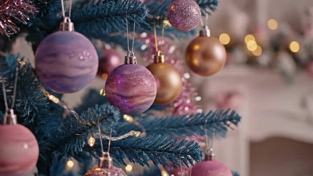 Close up of pink and purple baubles hanging on a blue Christmas tree with twinkling lights